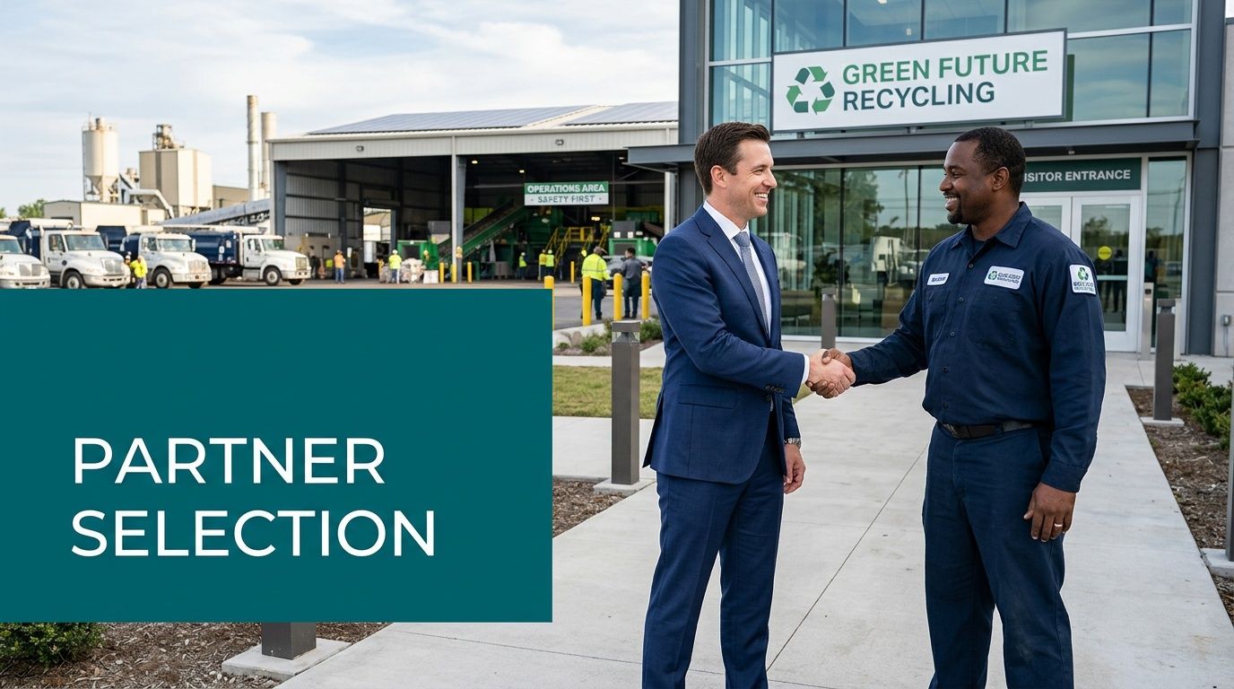 A professional man in a suit shakes hands with a recycling plant worker in front of the facility.