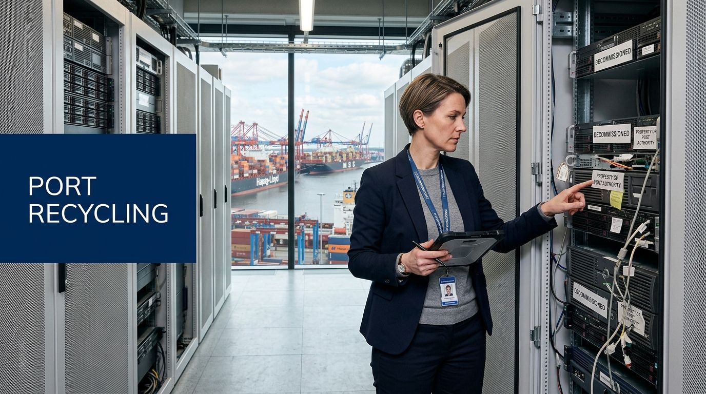 A professional woman inspects decommissioned server equipment in a data center overlooking a busy shipping port.