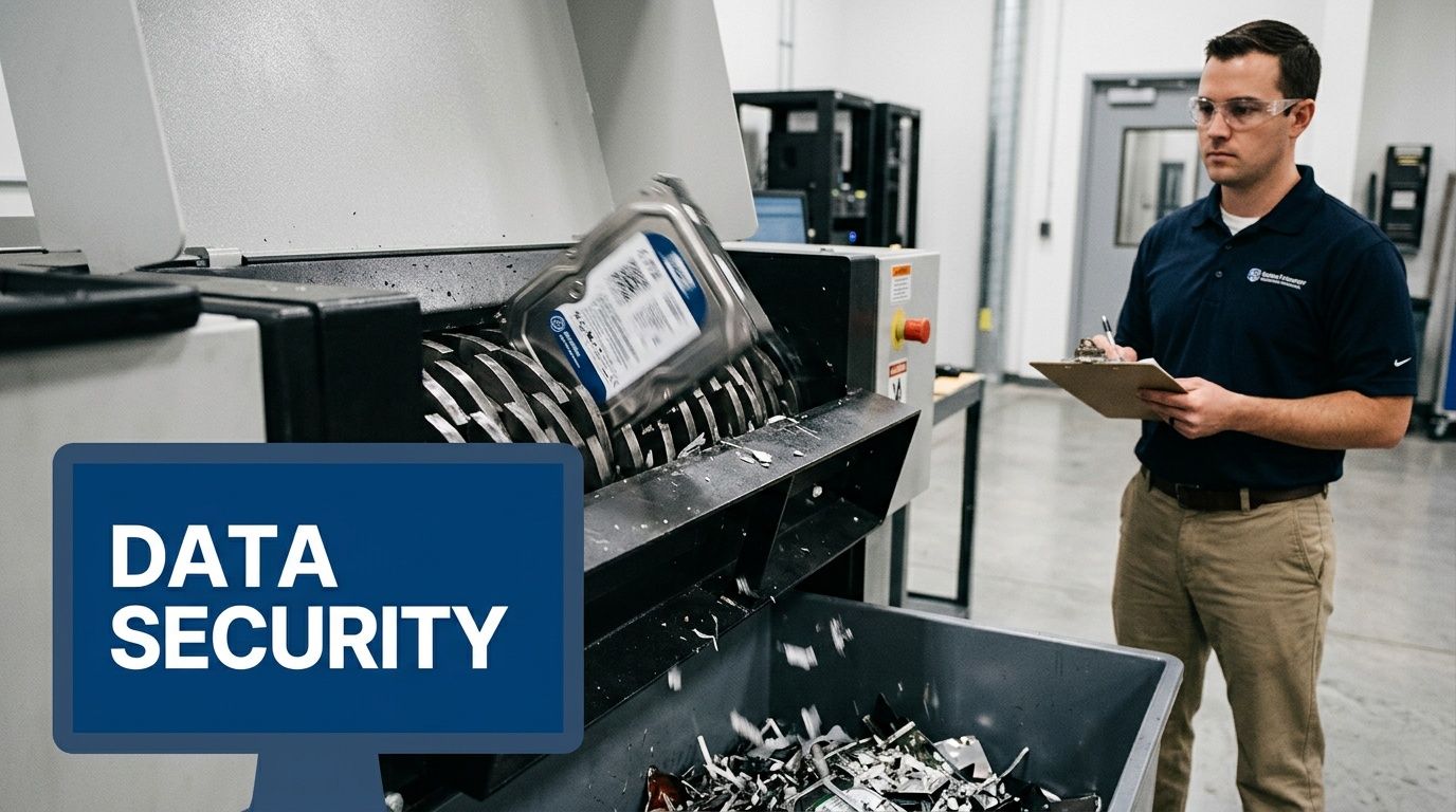 A professional technician wearing safety glasses monitors the secure destruction of a hard drive in an industrial shredder.