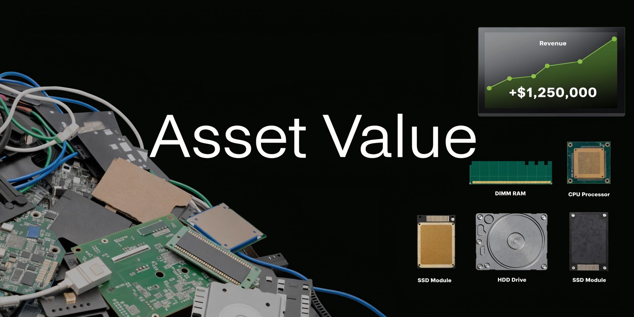 A pile of electronic waste next to icons of hardware components and a growing financial revenue chart.