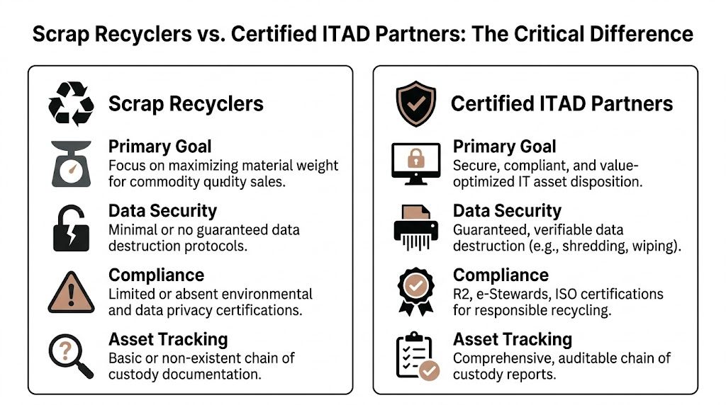 A comparison chart outlining the key differences between scrap recyclers and certified ITAD asset disposition partners.