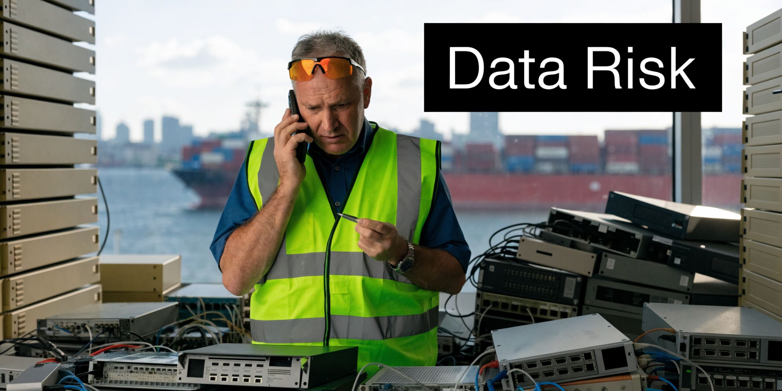 A technician wearing a high-visibility vest inspects network equipment at a Texas port facility near cargo ships.