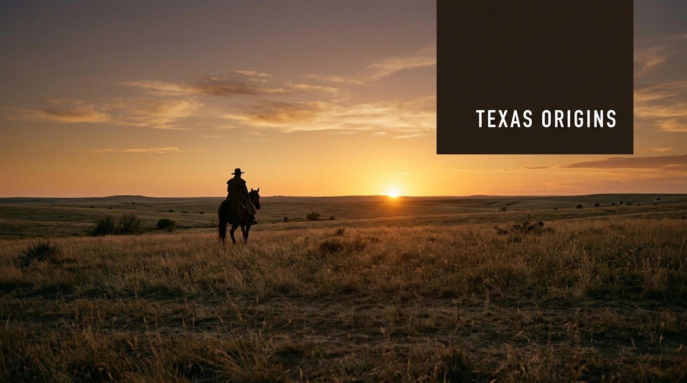 A lone cowboy rides a horse across a vast, golden Texas prairie during a stunning sunset.