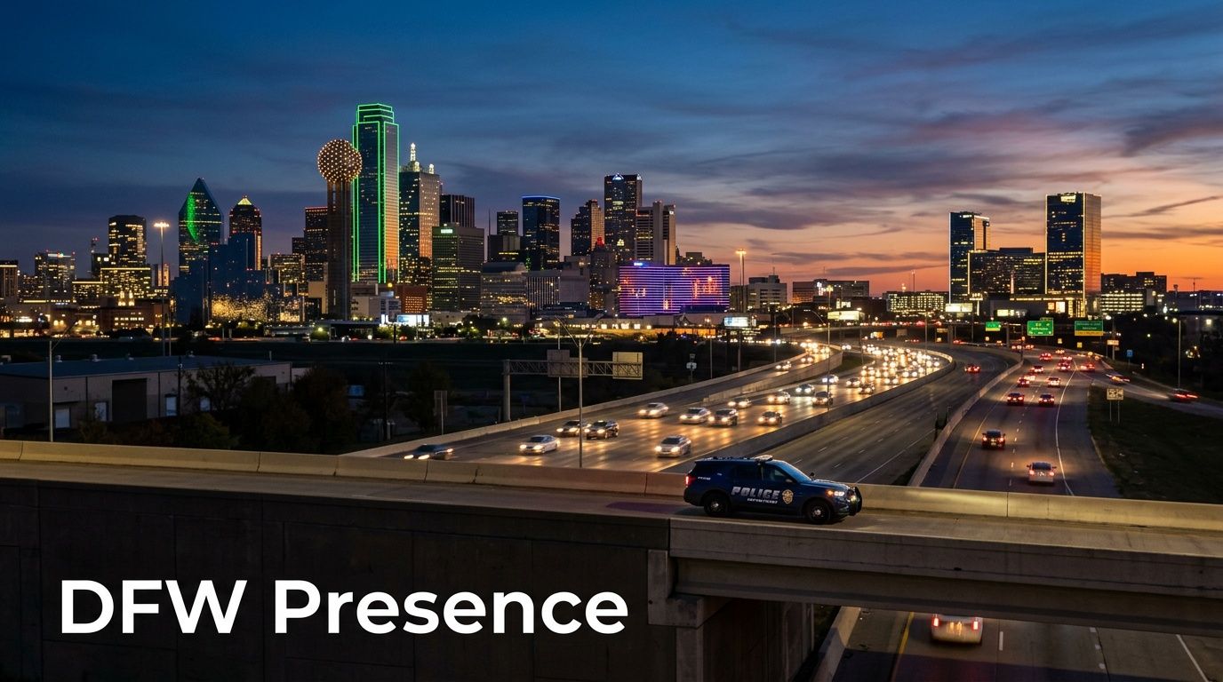 A Dallas police cruiser patrols an elevated highway with the illuminated Dallas skyline in the background at dusk.