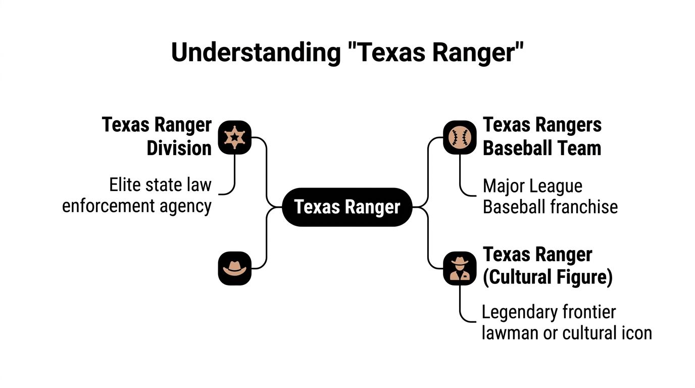 A diagram explaining three different interpretations of the term Texas Ranger, including law enforcement, baseball, and history.