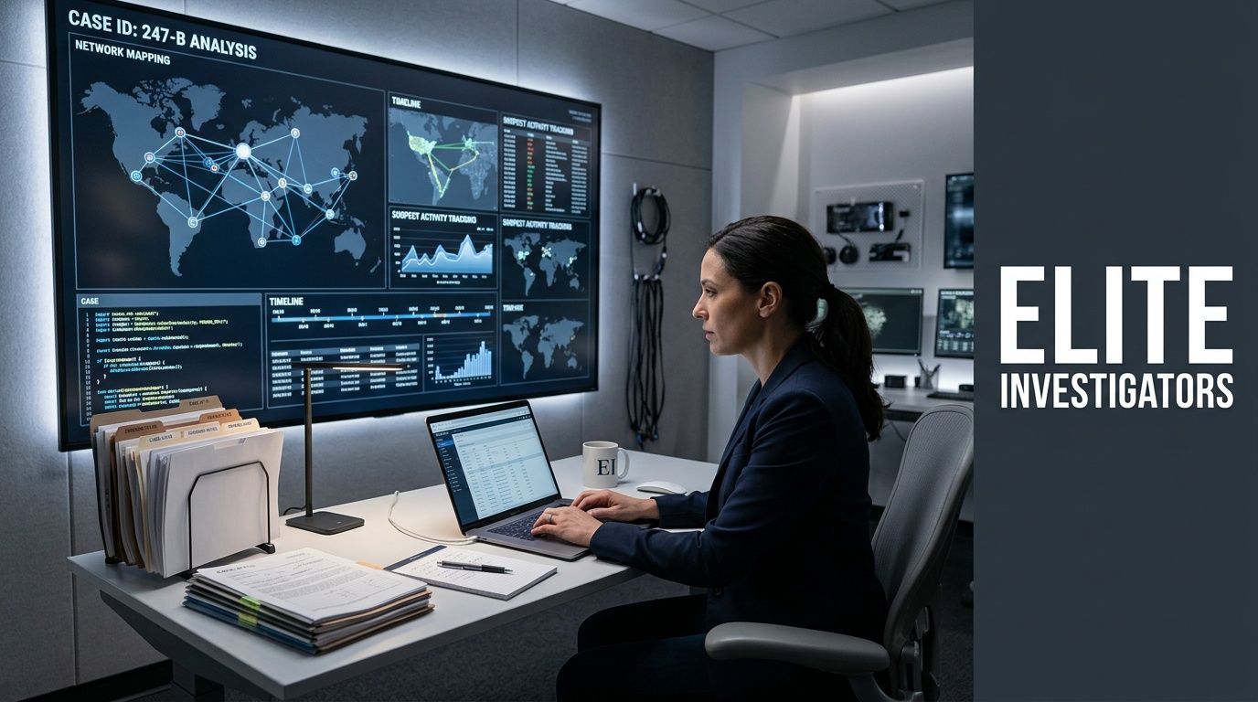 A professional female investigator analyzing complex network data on a large digital screen in an office.