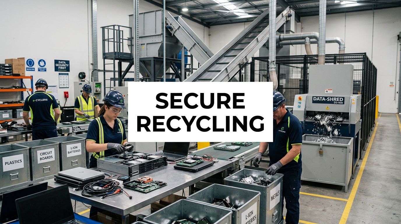 Workers in safety gear recycling electronic hardware and sorting components at a professional data destruction facility.