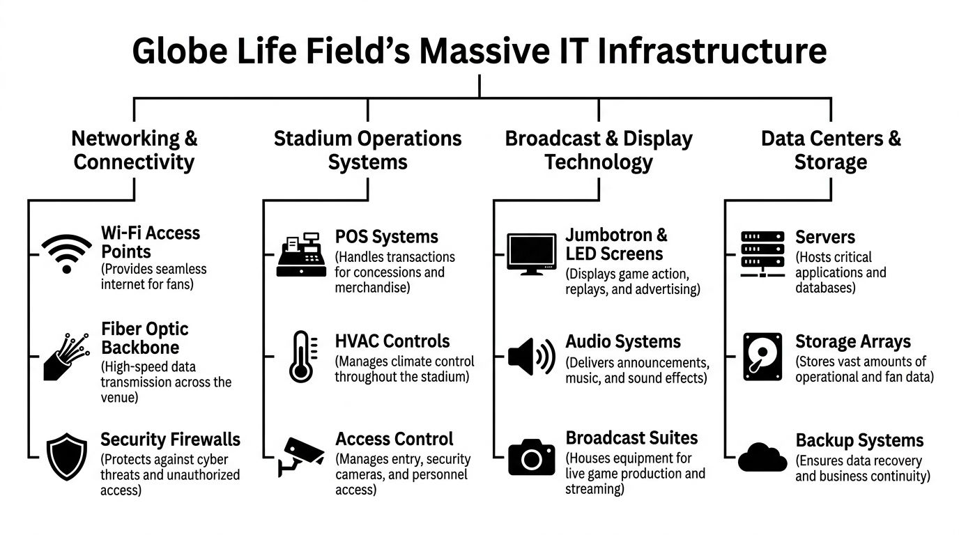 A diagram outlining the massive IT infrastructure systems and technologies used at Globe Life Field stadium.