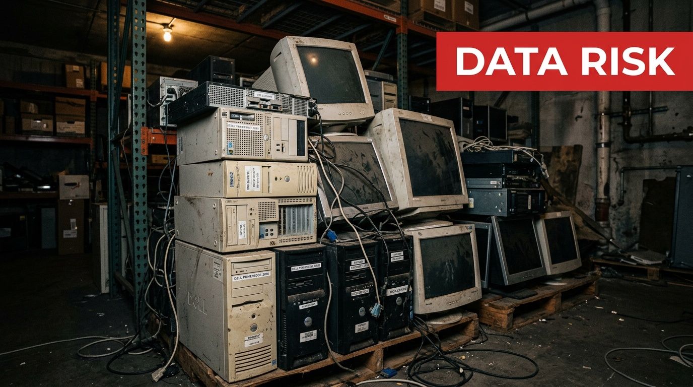 A pile of discarded old desktop computers and dusty monitors in a dark warehouse storage area.
