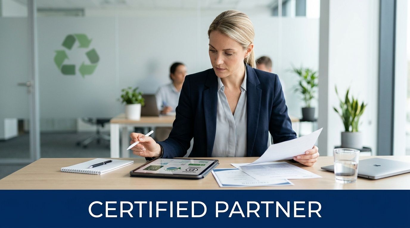A professional woman working at her desk in an office with recycling branding in the background.