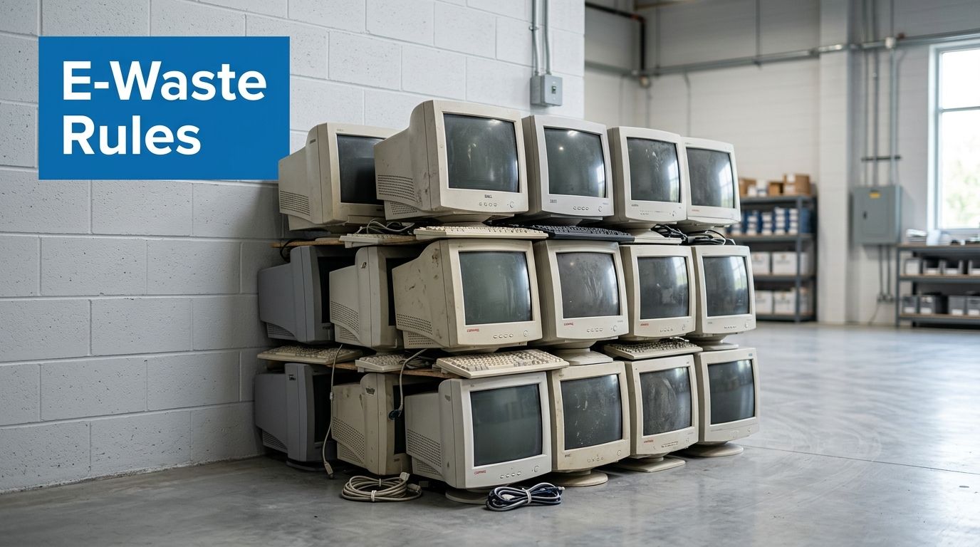 A stack of vintage beige CRT computer monitors piled on shelves against a white warehouse wall.
