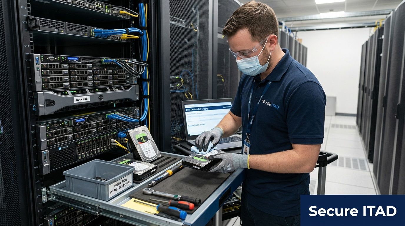 A technician wearing a mask and gloves sanitizes a hard drive in a professional server room.