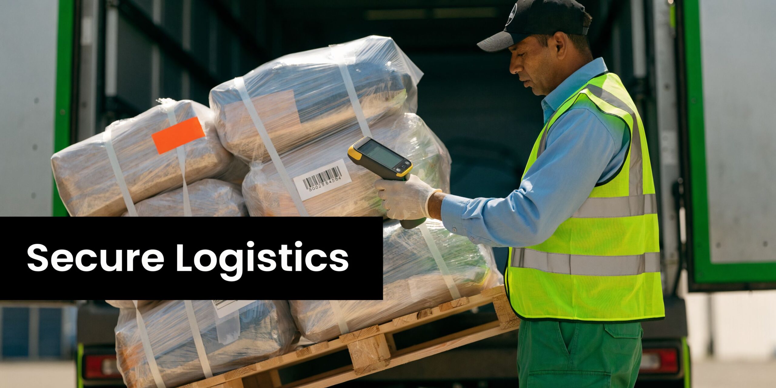 A warehouse worker in a high-visibility vest scans a pallet of wrapped goods for secure logistics management.