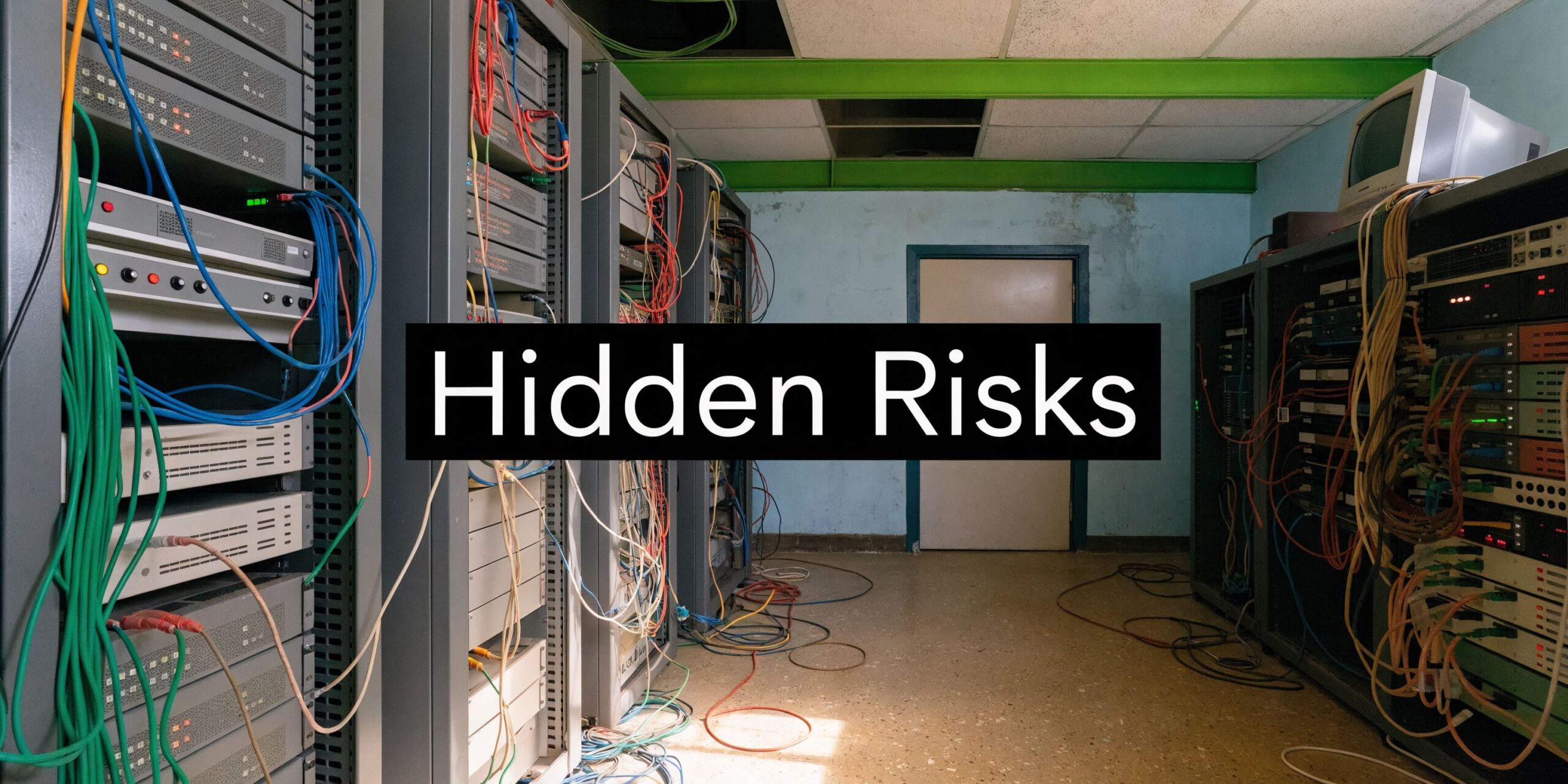 A cluttered server room with messy network cables and server racks labeled with the text Hidden Risks.