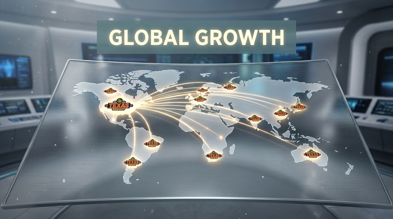 A digital map showing Texas Roadhouse global expansion with light beams originating from the USA to worldwide locations.