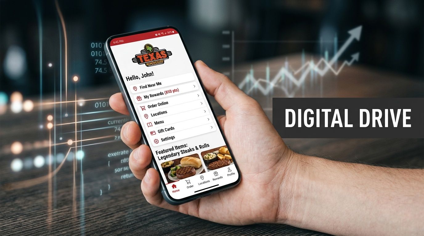 A hand holding a smartphone displaying the Texas Roadhouse restaurant mobile app interface on the screen.
