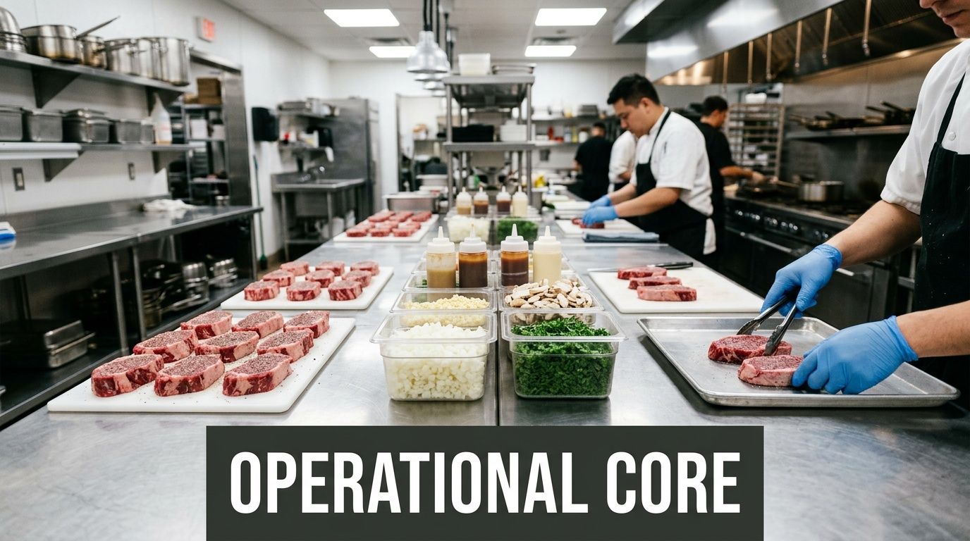 Professional chefs in a commercial kitchen preparing steaks for service at a restaurant station.