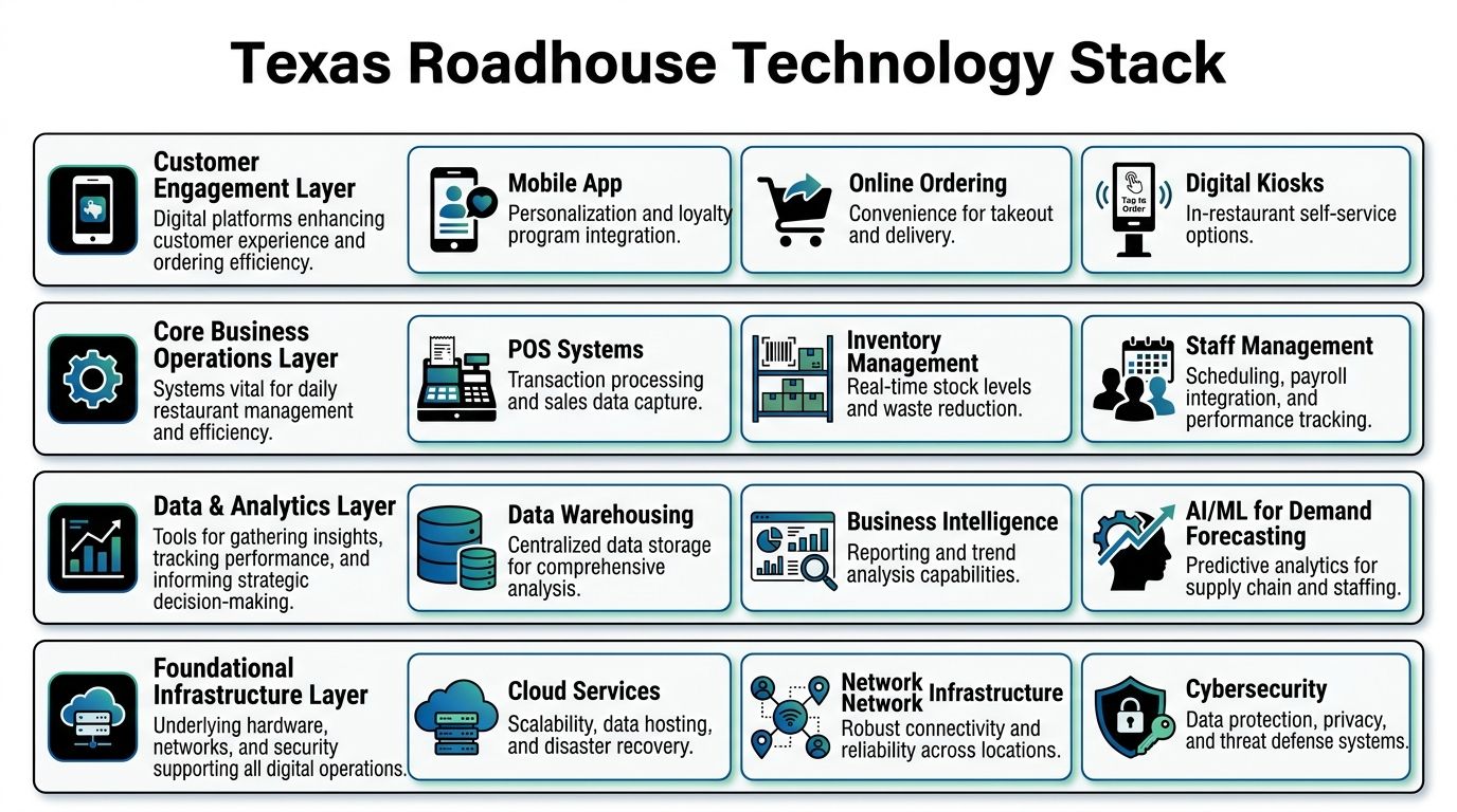 A diagram illustrating the technology stack used by Texas Roadhouse, categorized into four distinct operational layers.