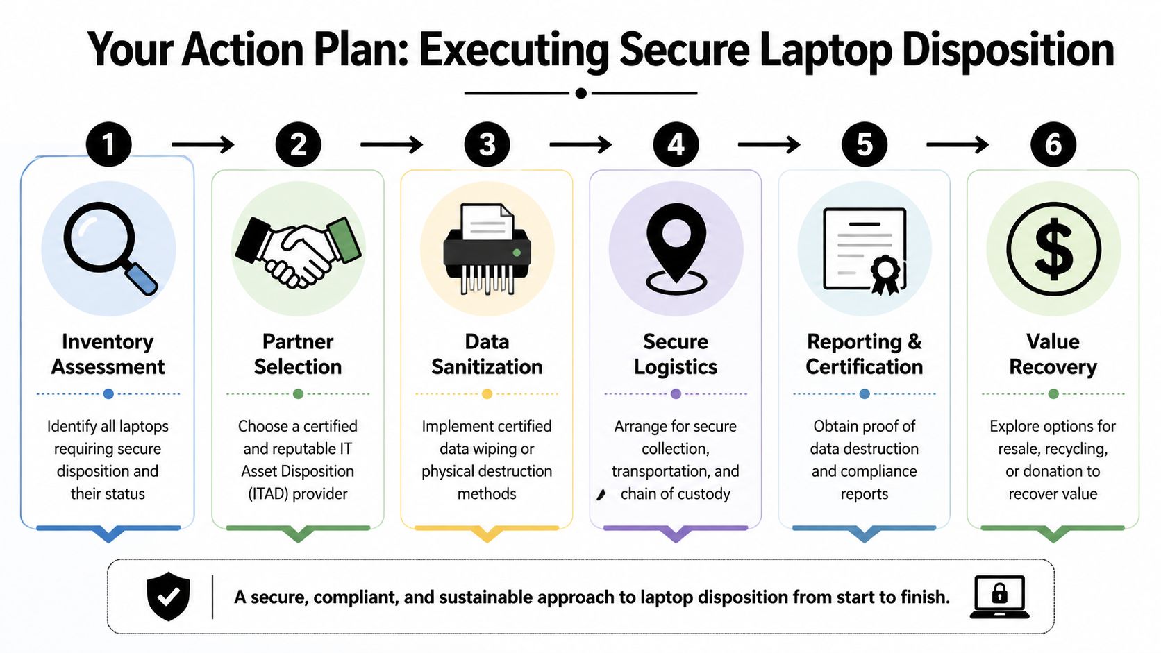 A six-step infographic outlining a secure and compliant action plan for disposing of used corporate laptops.