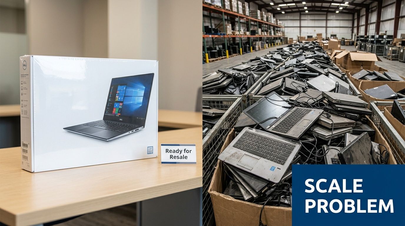A split screen comparing a single boxed laptop ready for resale to a warehouse full of used electronics.