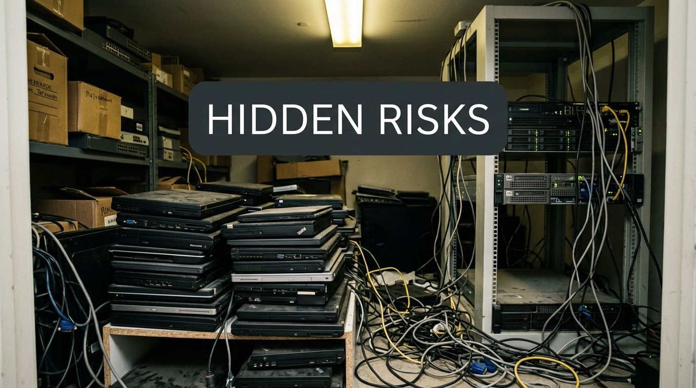 A cluttered IT server room featuring stacks of used laptops and messy tangled network cables on shelving.