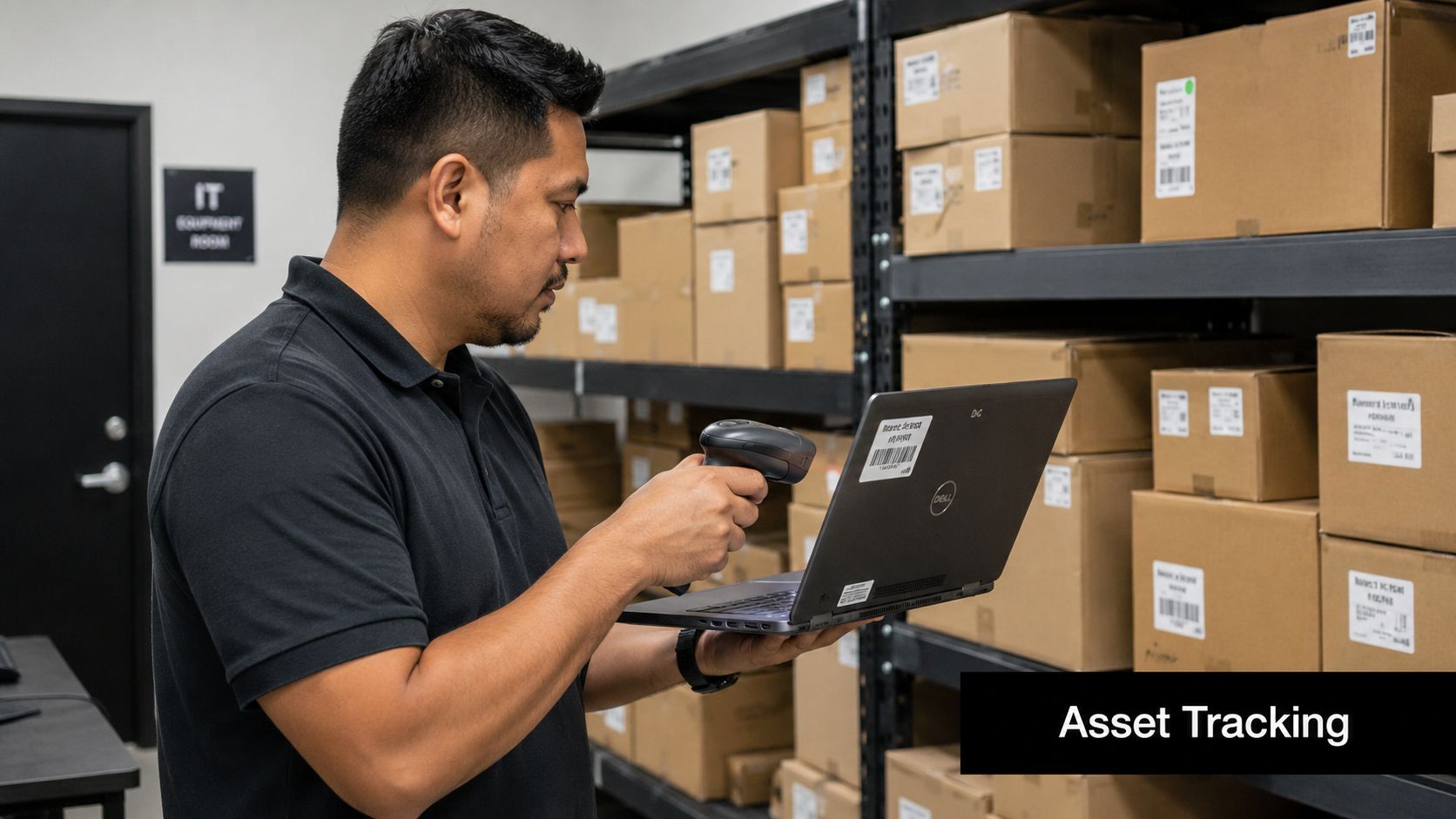 An IT technician using a barcode scanner to track inventory assets on a laptop in a warehouse.