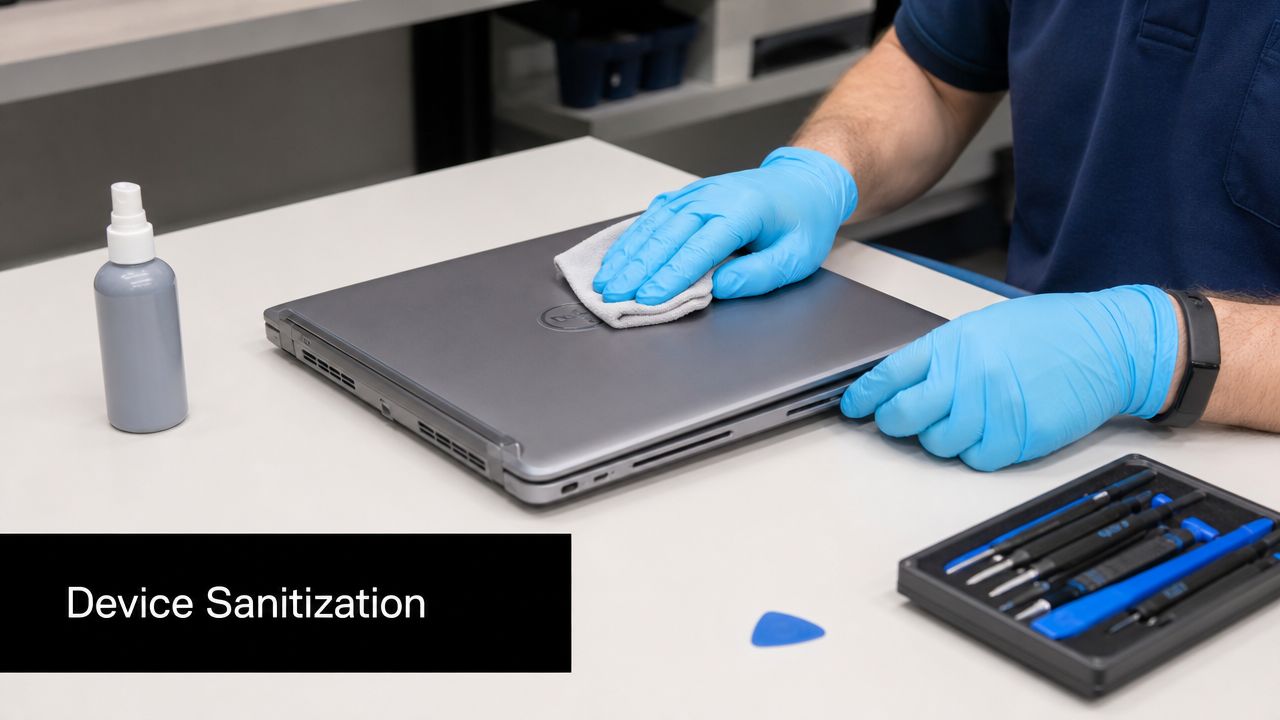 A technician wearing blue protective gloves cleans the surface of a laptop to ensure device sanitization.