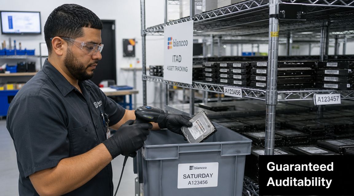A technician wearing safety glasses and black gloves scans a hard drive in a warehouse for inventory.