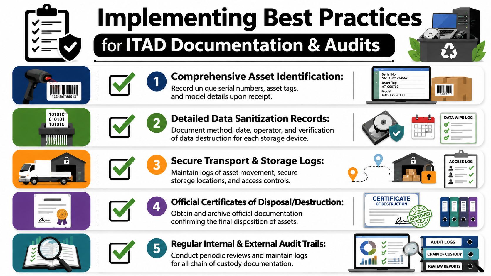 An infographic titled Implementing Best Practices for ITAD Documentation and Audits with five steps for asset management.