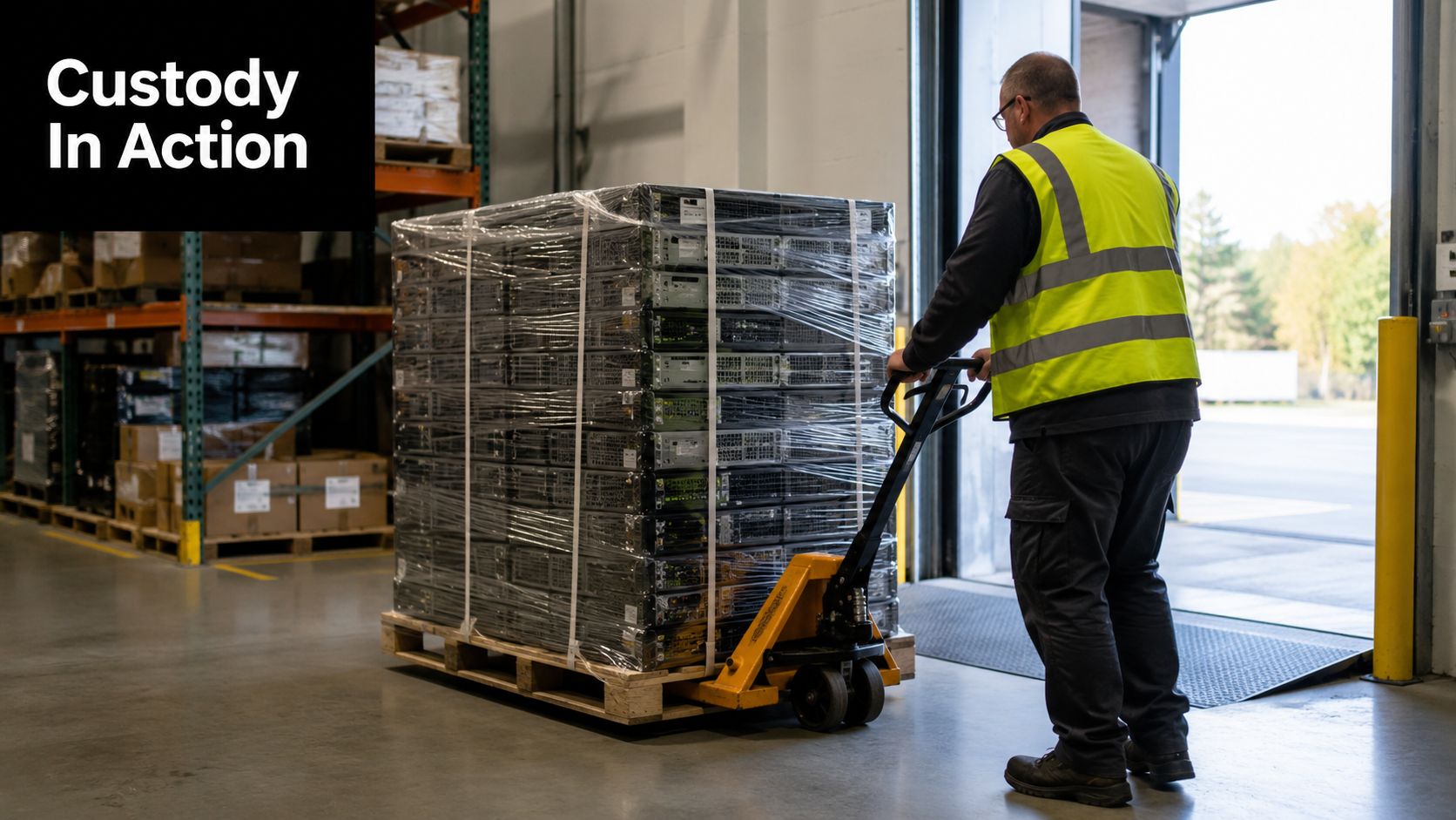 A warehouse worker in a high visibility vest operating a manual pallet jack moving server equipment.