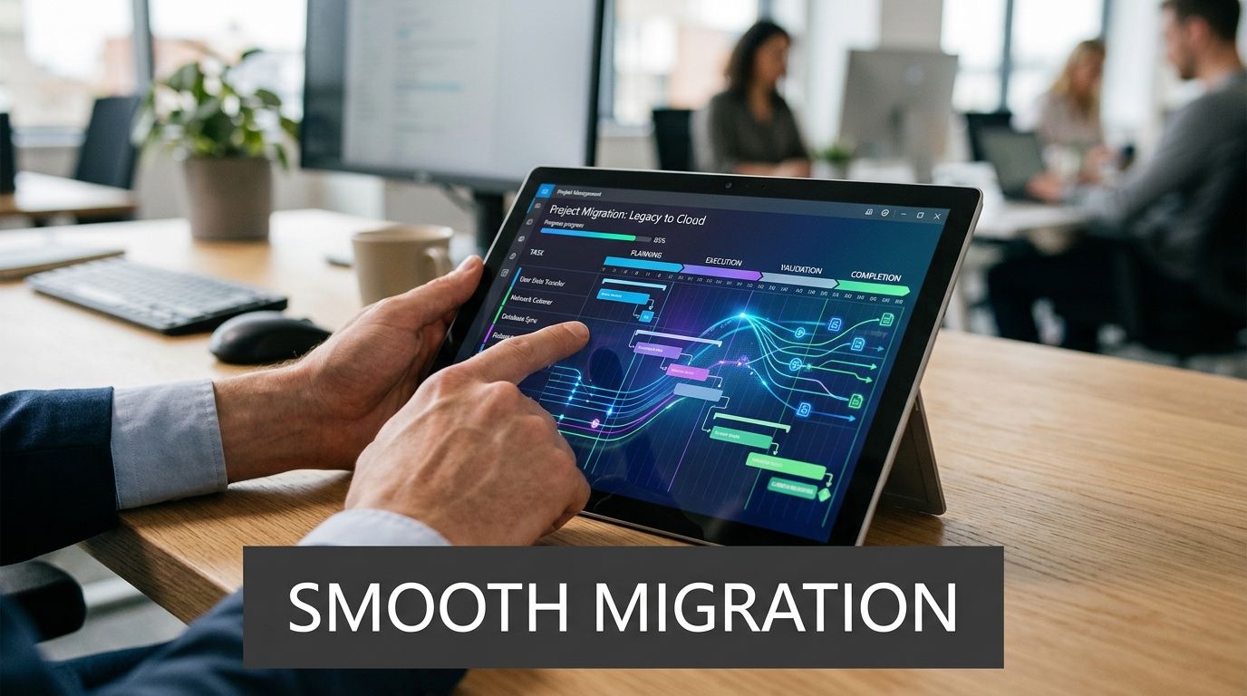 A professional analyzing a cloud migration project dashboard on a tablet computer in a modern office.