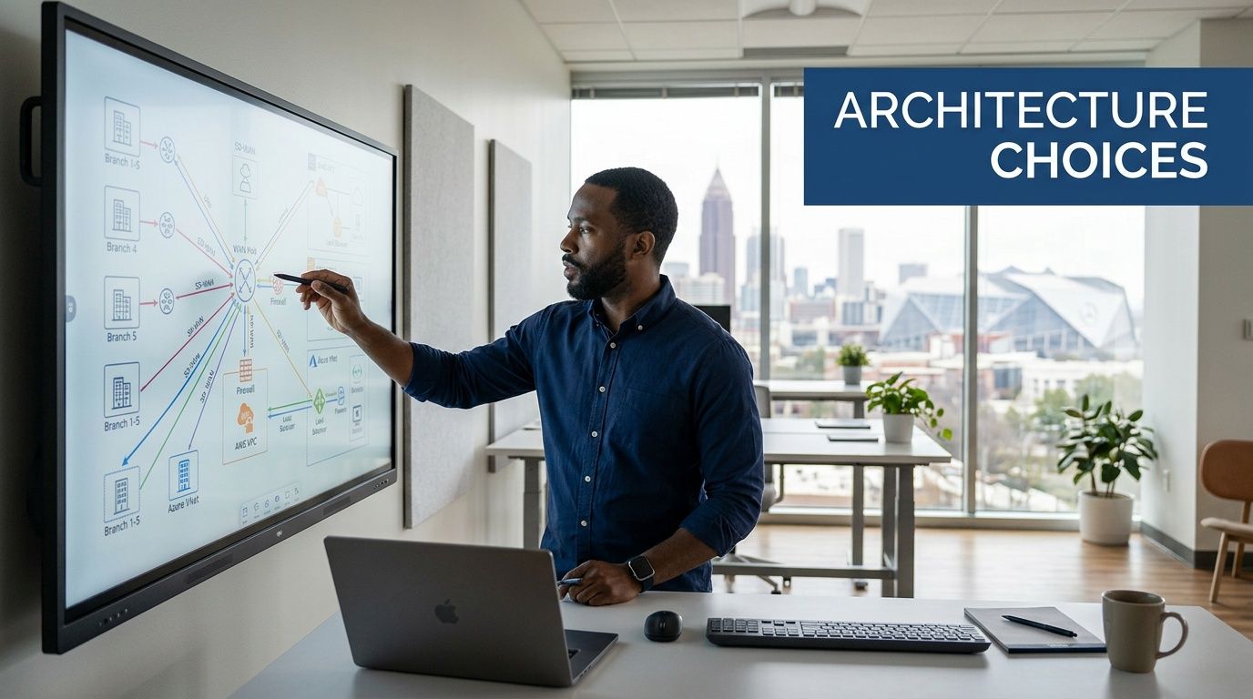 An engineer stands in an office in Atlanta presenting a network architecture diagram on a digital board.