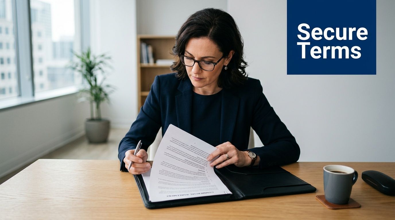 A professional woman in a business suit reviewing a commercial agreement document at an office desk.