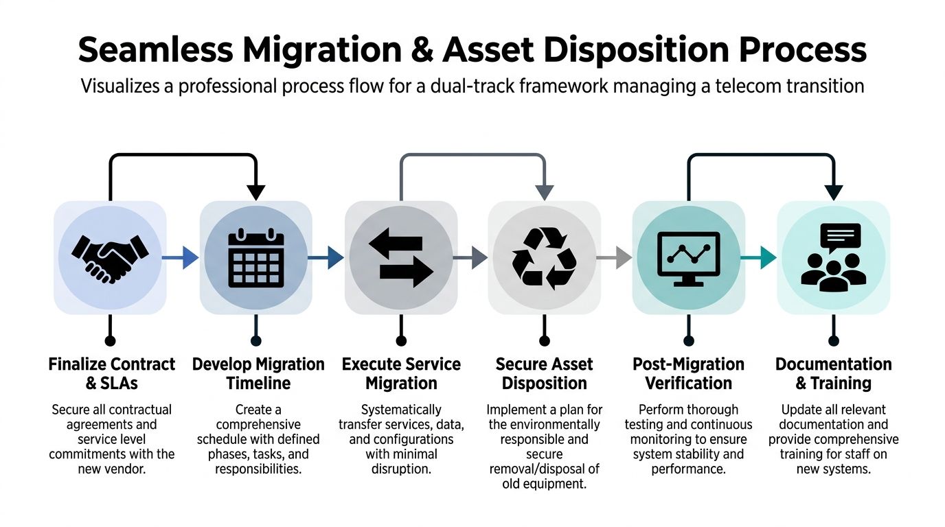 A process flow chart illustrating the six stages of a seamless enterprise telecom migration and asset disposition.
