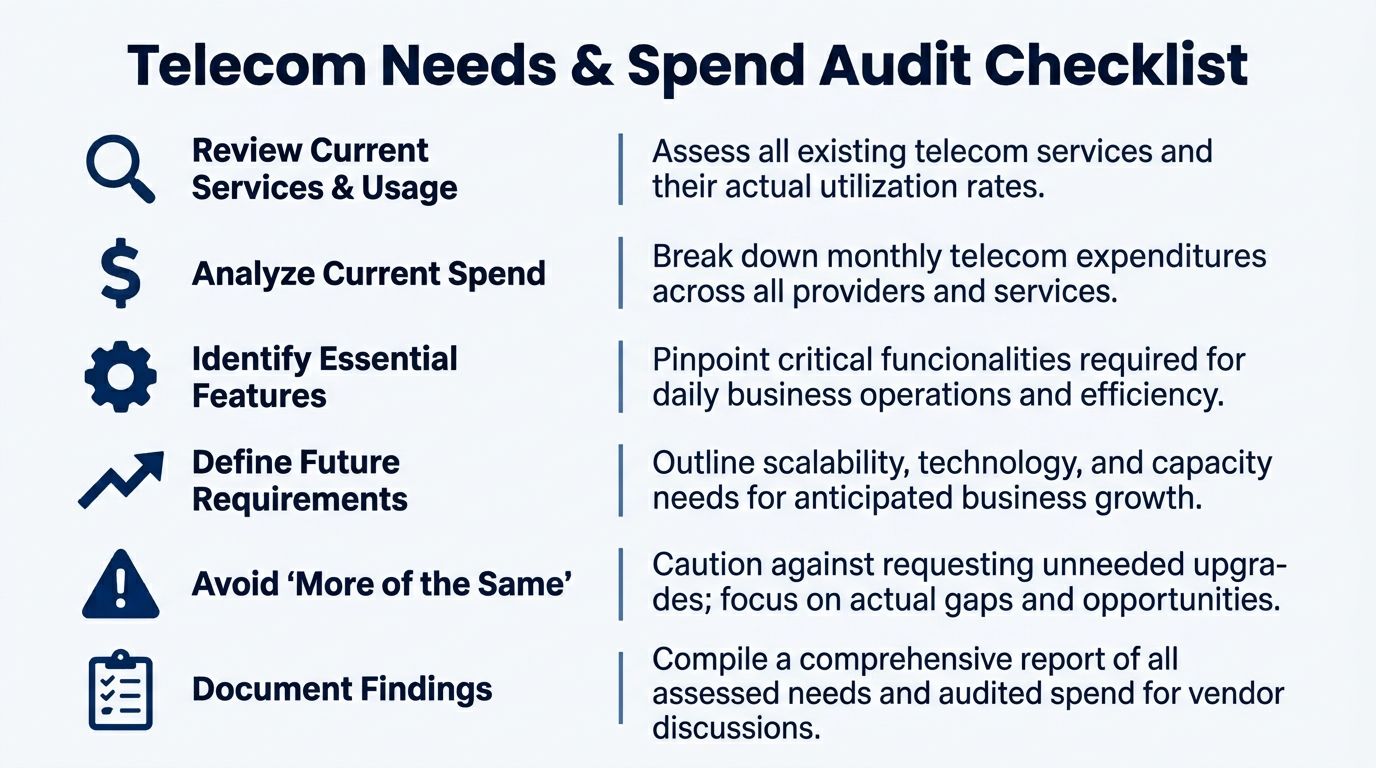 A checklist infographic outlining steps to perform a telecom needs and spend audit for business efficiency.