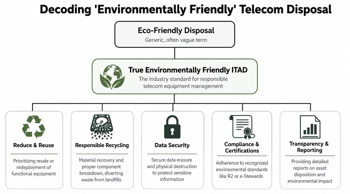 An infographic diagram outlining the pillars of true environmentally friendly IT asset disposition for telecom equipment.