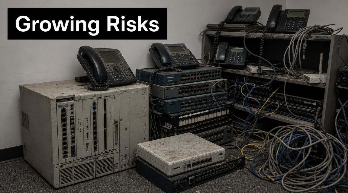 A pile of outdated, dusty telecommunications hardware and office phones abandoned in a neglected server room.