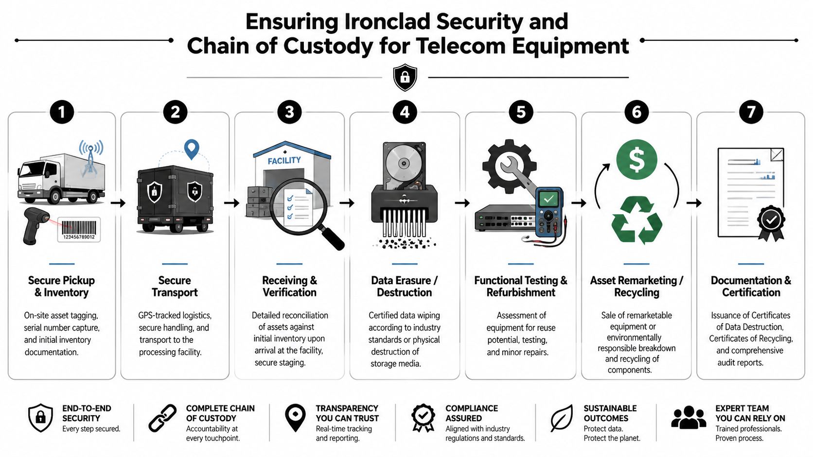 A diagram illustrating a seven-step secure process for the chain of custody of telecom equipment disposal.