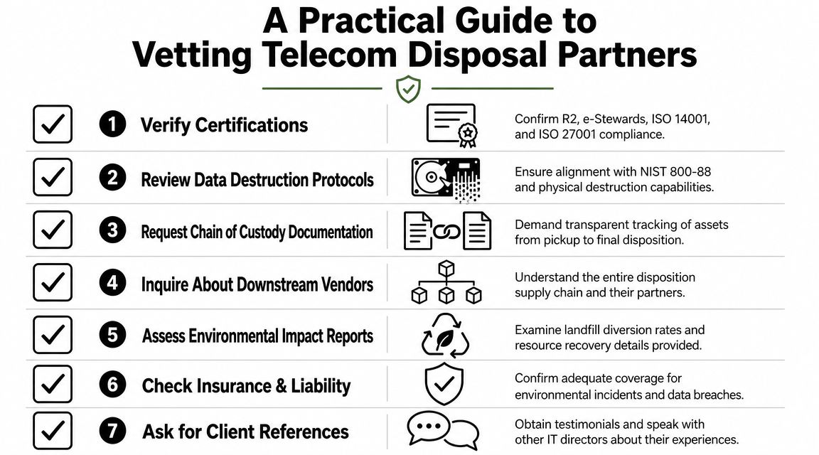 A seven-step infographic guide for vetting and selecting reliable telecommunications equipment disposal partners for business.