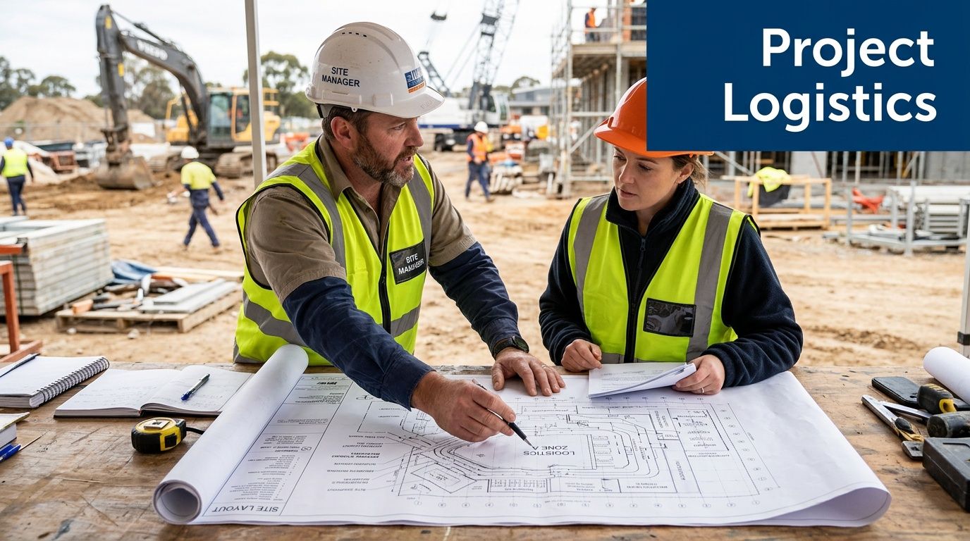 A site manager and a construction engineer reviewing blueprints on a table at a building site.