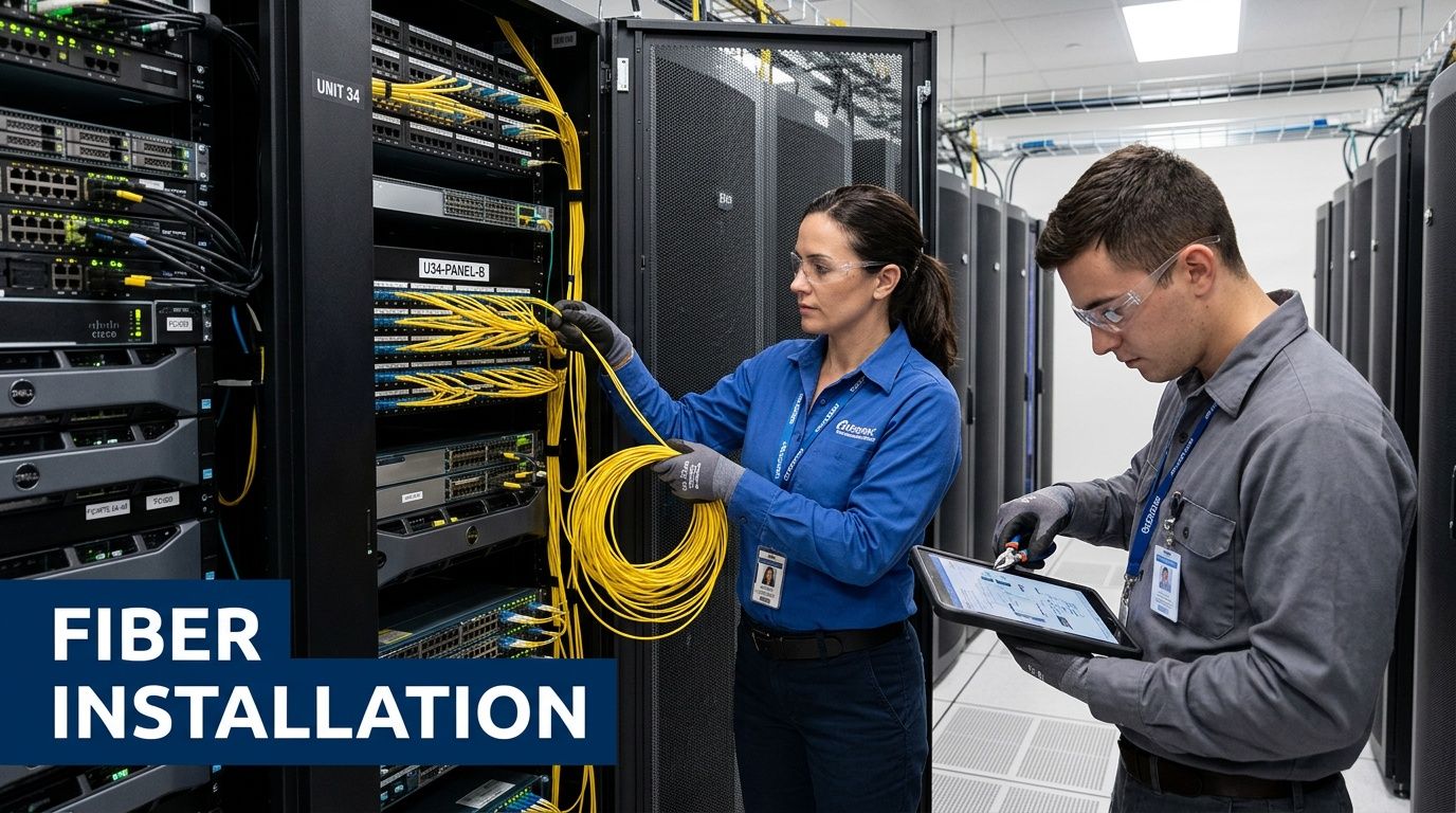 A female technician and a male colleague working on fiber optic cable installation in a server room.