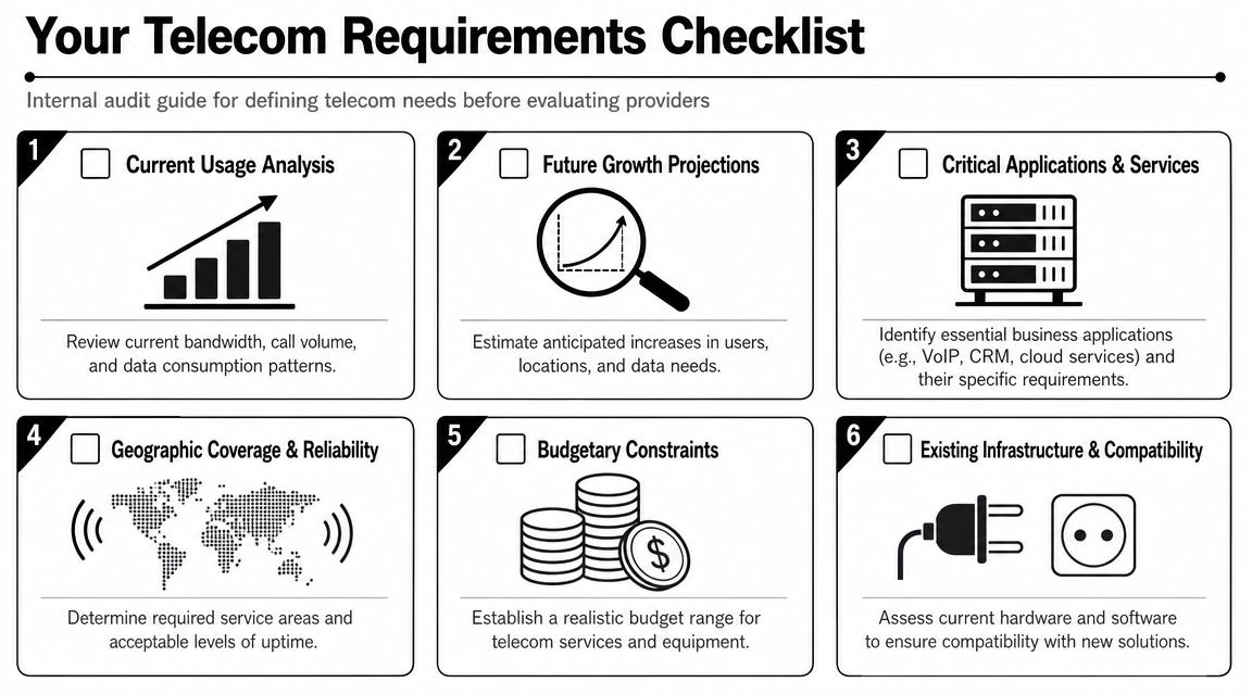 A checklist infographic titled Your Telecom Requirements Checklist listing six essential steps for internal telecom audit.