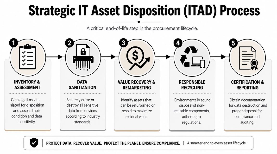 A five-step flowchart illustrating the Strategic IT Asset Disposition (ITAD) process for secure hardware management.