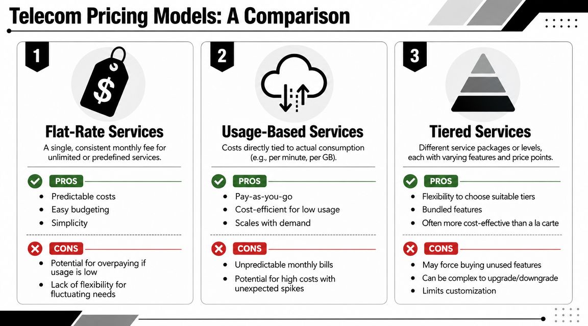 A comparison chart showing three telecom pricing models: Flat-Rate, Usage-Based, and Tiered services with their pros and cons.