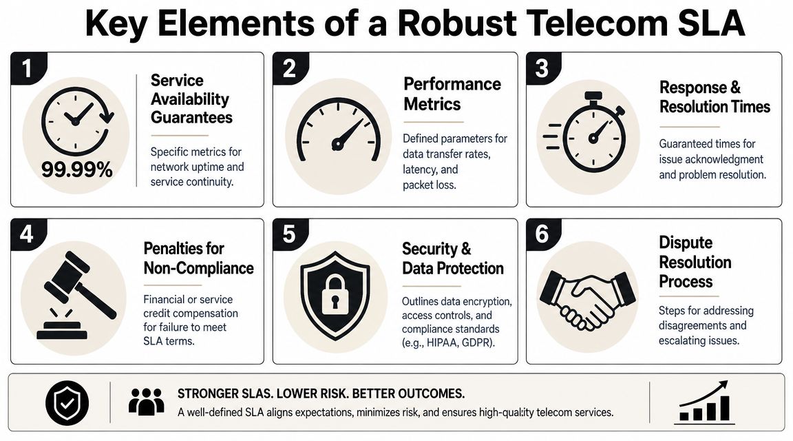 A six-point infographic outlining the essential elements for a robust and effective telecommunications service level agreement.