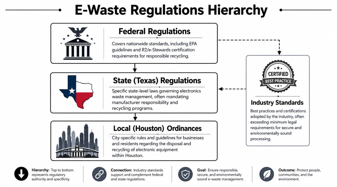 A diagram illustrating the hierarchy of federal, state, and local e-waste regulations for recycling in Houston.
