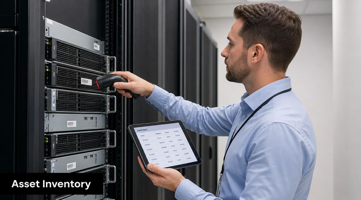 A technician using a barcode scanner on a server rack while checking inventory on a tablet computer.