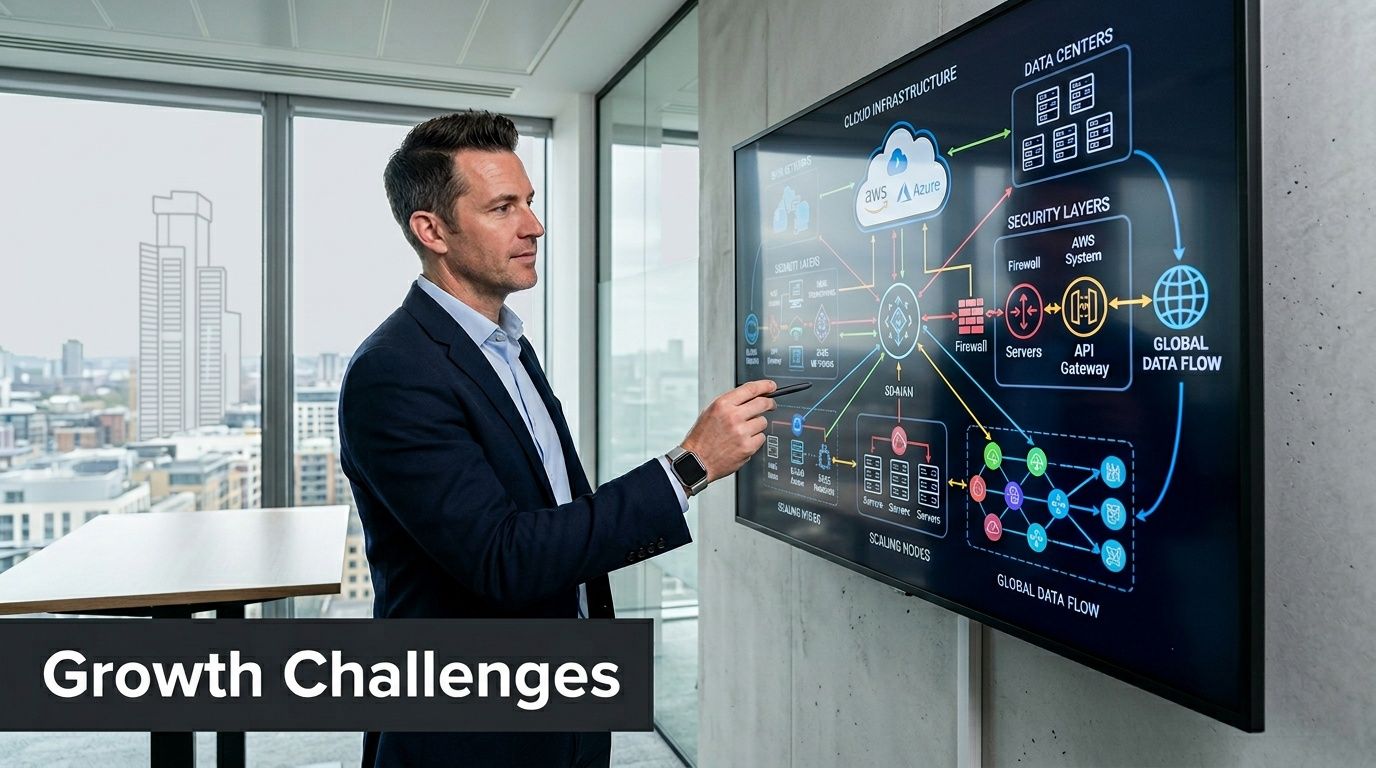 A professional man explaining cloud infrastructure and network security diagrams on a large digital screen.
