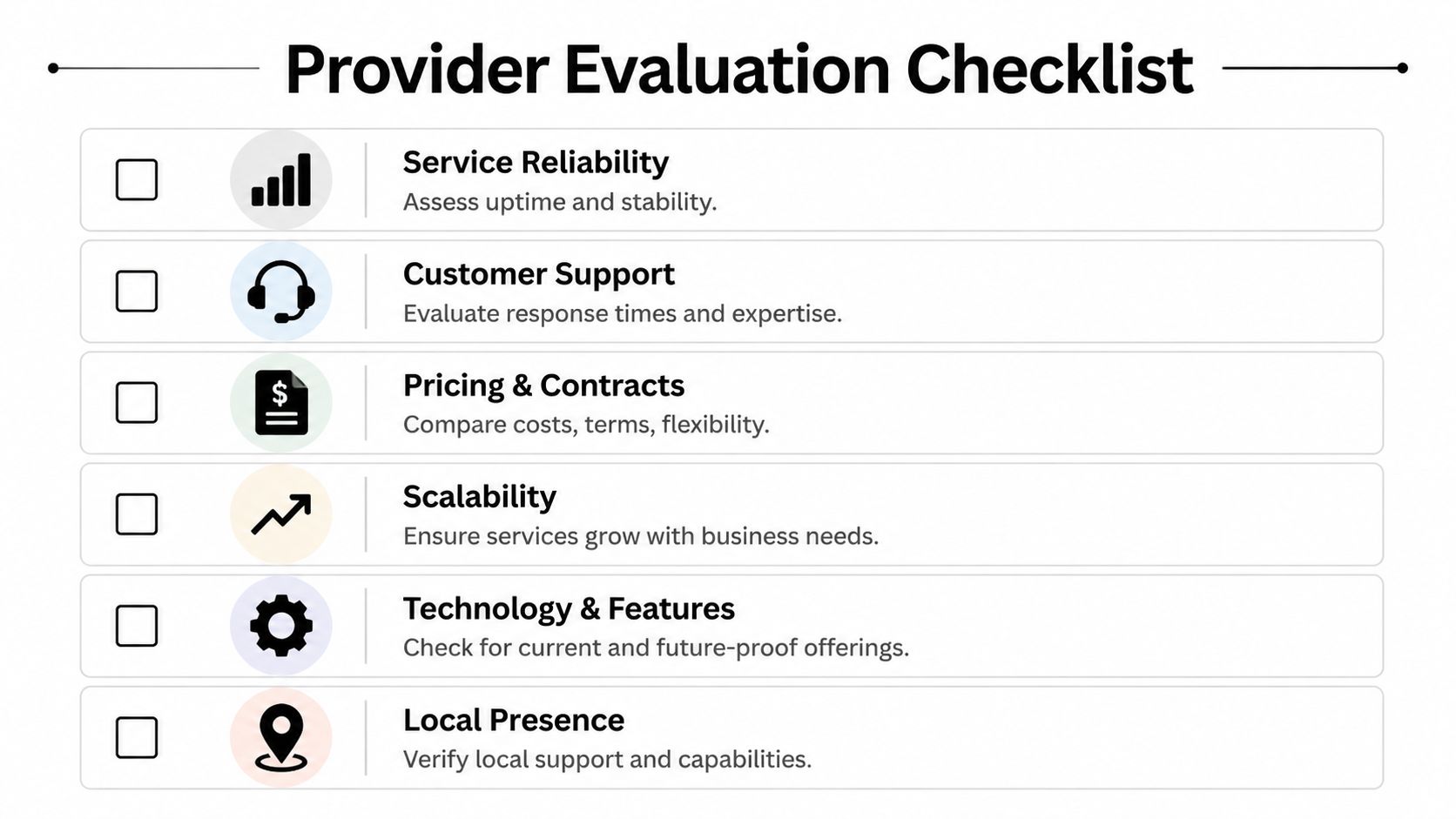 A provider evaluation checklist graphic featuring categories like service reliability, customer support, pricing, scalability, technology, and local presence.