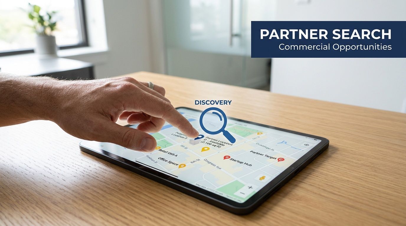 A hand using a tablet to search for commercial property locations on a digital map interface.